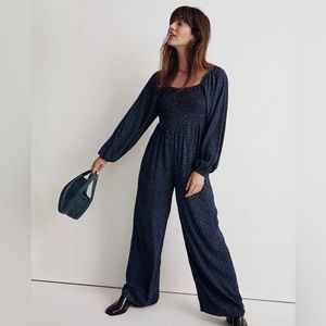 Madewell long sleeved jumpsuit- black and blue carmine floral pattern.